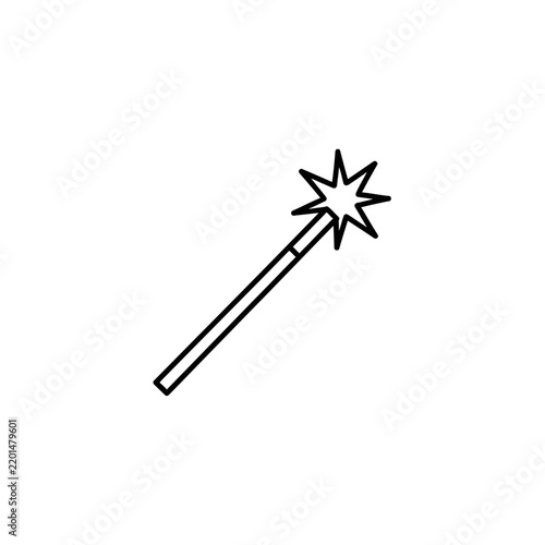 Simple Line Art Magic Wand Icon with Starburst Tip, Isolated on White Background - Fantasy, Wish, Dream Symbol