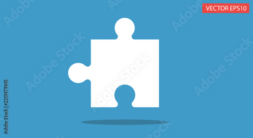 Single White Puzzle Piece Icon on Blue Background with Shadow - Symbol of Solution, Connection, Strategy