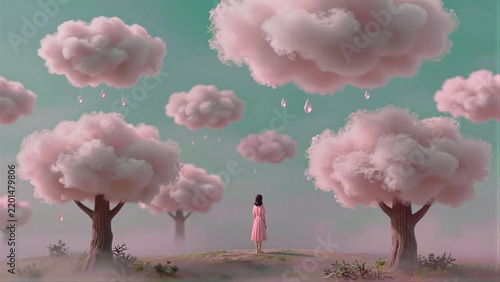 A lone girl in a pink dress stands before whimsical, cloud-covered trees under a dreamy sky.