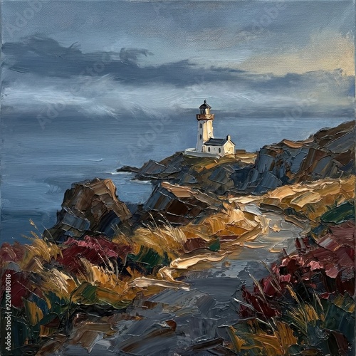 Dramatic lighthouse on a rugged coastal cliff under a stormy sky