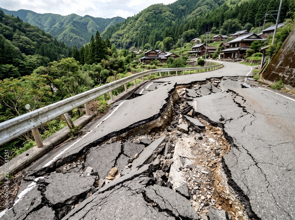 Obraz premium 地震や地滑りで大きく損壊した道路山間部に甚大な被害をもたらした災害現場