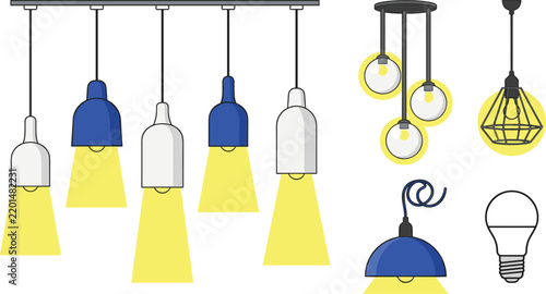 Modern Pendant Light and Chandelier Vector Icon Set with Stylish Hanging Lamps for Interior Design and Home Decor Concepts