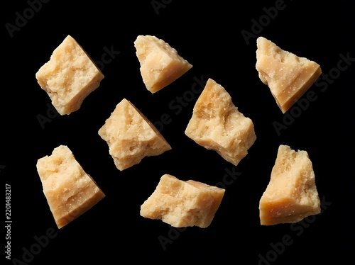 Scattered pieces of hard aged parmesan cheese arranged artistically against a dark solid black background