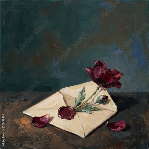 Aged envelope with a wax seal, burgundy poppy, and petals on a dark surface