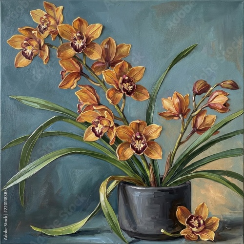 Golden amber cymbidium flowers in a black pot on a deep blue background