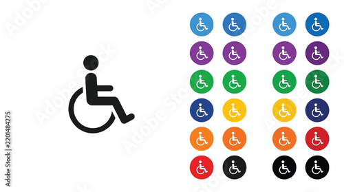 Wheelchair accessible icon collection featuring multiple vibrant colors and simple flat circular vector graphic design elements