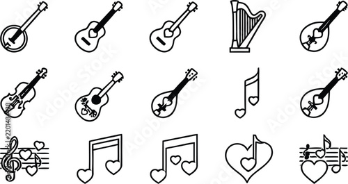 Vector line icon set of romantic musical instruments acoustic guitar banjo harp lute mandolin violin musical notes heart staff love melody dashboard widgets UI design templates symbols.
