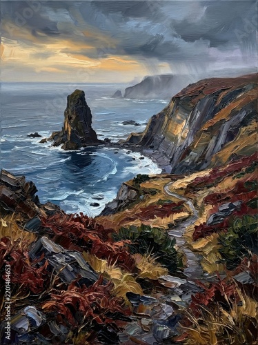 Rugged coastline with winding path and dramatic ocean waves under cloudy sky