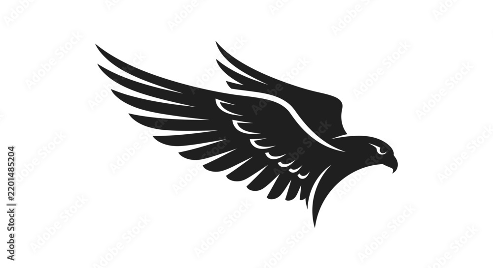 Fototapeta premium Stylized Black Hawk Silhouette, Flying with Wings Spread, Isolated on White Background, Graphic Design Element