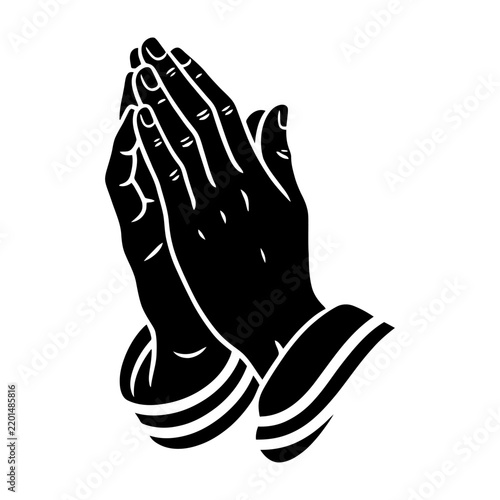 Black and white illustration of clasped hands in prayer pose symbolizing spirituality or devotion.