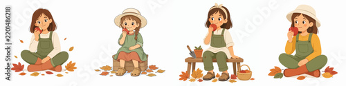 Vector of a girl eating an apple. Autumn theme. Vector, flat, illustration, minimalist