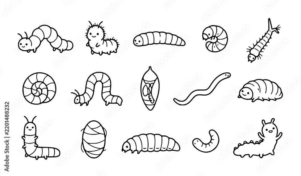 Obraz premium Cute Larva and Caterpillar Insect Outline Icon Set Vector Illustration