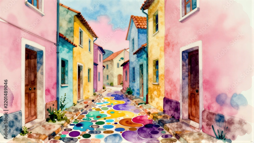 Obraz premium Colorful houses line a vibrant, watercolor-styled cobblestone street under soft skies.