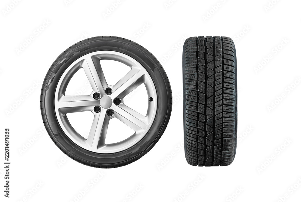 Fototapeta premium Car tires, isolated against a transparent background, shown from various angles - front and side views.