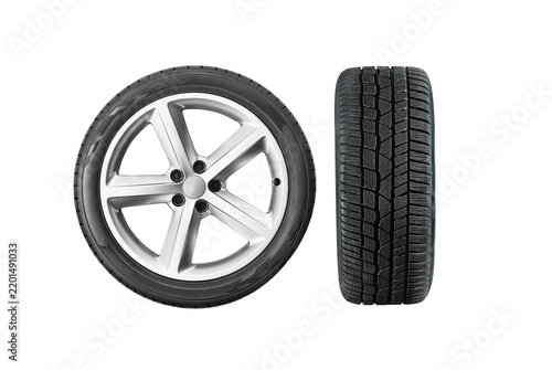 Car tires, isolated against a transparent background, shown from various angles - front and side views.