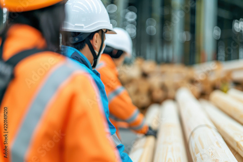 Close-up of workers at a sustainable forestry operation inspecting timber, showcasing company's dedication to promoting transparency and traceability in wood sourcing. Sustainable forestry innovation.