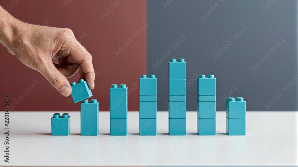 Obraz premium Hand places blue blocks, forming a growing bar graph against red and gray background.