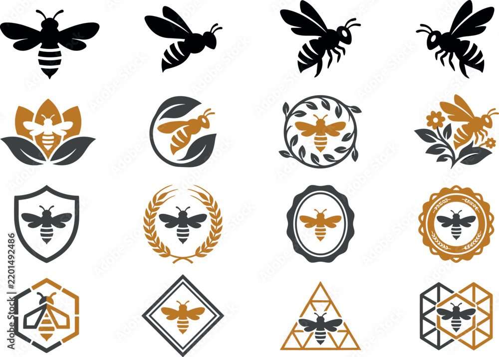 Obraz premium Minimalist Honey Bee Logo Template Collection Featuring Honeycomb Hexagons, Leaves, Floral Shields, and Golden Wreaths for Organic Farms and Honey Production Graphic Designs