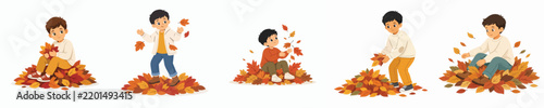 Vector of a boy playing in a pile of fallen leaves. Autumn theme. Vector, flat, illustration, minimalist