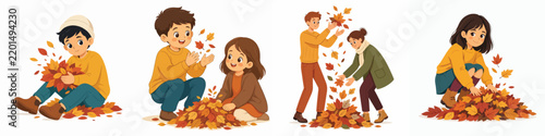 Vector of someone playing in a pile of fallen leaves. Autumn theme. Vector, flat, illustration, minimalist