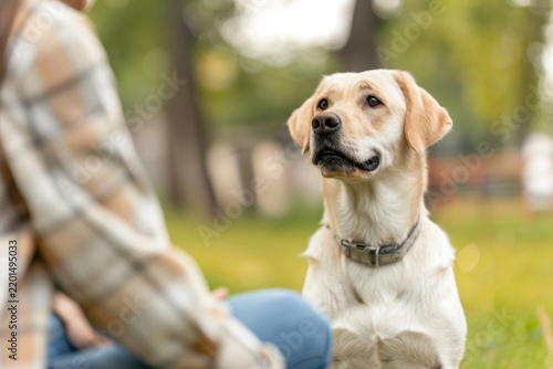dog attentively listens during obedience training session in park, showcasing focus and eagerness to learn. serene environment enhances training experience