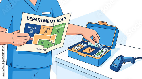 Healthcare worker holding department map near medical supplies and scanner