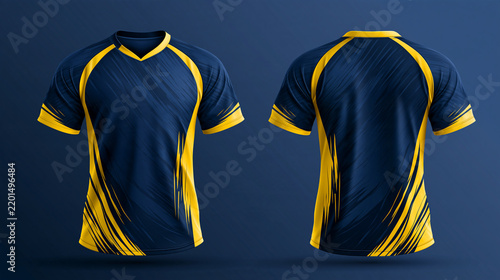 Front and back view of a blue and yellow soccer jersey mockup. Useful for custom team apparel design and sports branding templates.