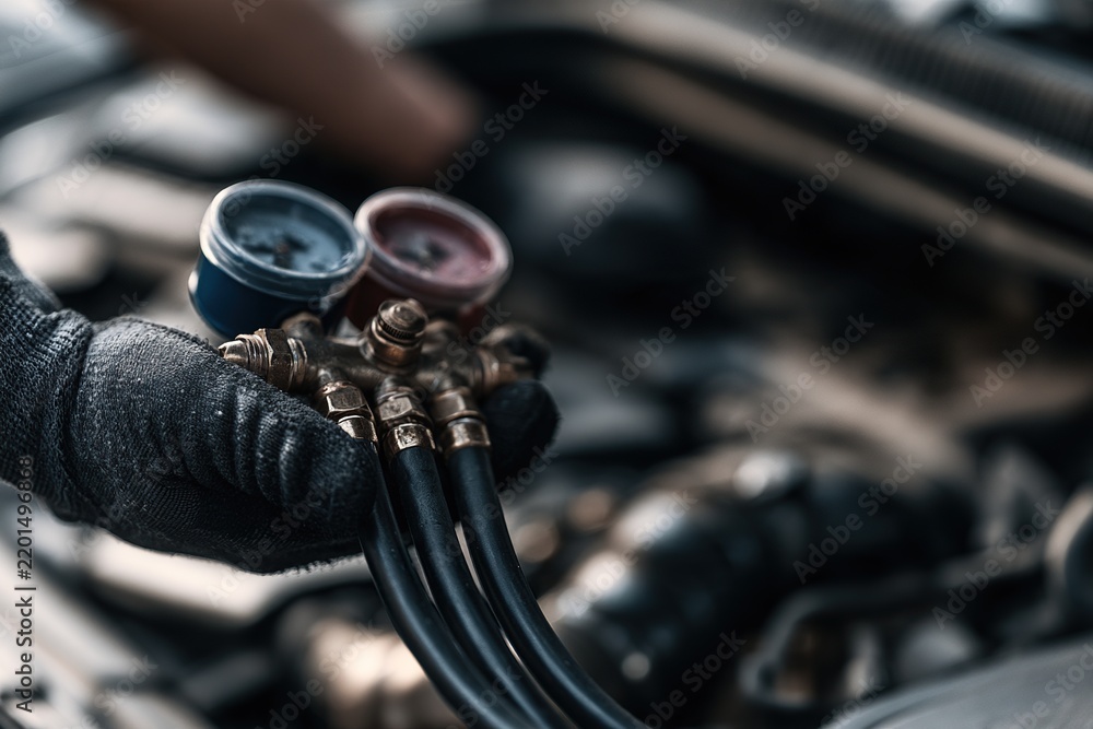 Fototapeta premium Gloved hand holding automotive manifold gauges and hoses against an engine, measuring air-conditioning pressure during vehicle AC service.