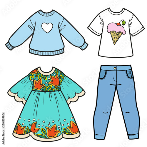 Casual long sleeve, summer dress with flowers, jeans and T-shirt with ice cream print on a white background