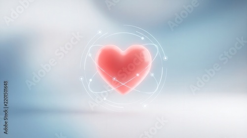 Heart icon glows with digital orbital lines representing modern medical technology and wellness.