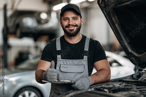 Smiling auto mechanic in overalls gives a thumbs-up while inspecting a car engine in a busy garage.