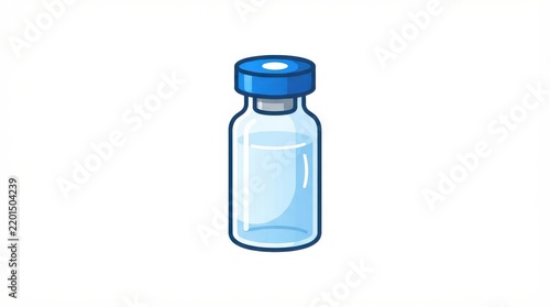 A single glass medical vial with a blue plastic cap for liquid medicine isolated on a white backgrou