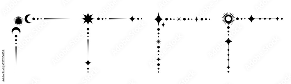 Obraz premium Celestial corner set with sun moon and stars, mystical ornamental frame vector esoteric borders for invitation, banners