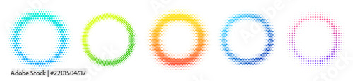 Halftone circle frame set with colorful gradient dots, vibrant round border vector abstract technology elements