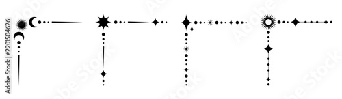 Celestial corner set with sun moon and stars, mystical ornamental frame vector esoteric borders for invitation, banners