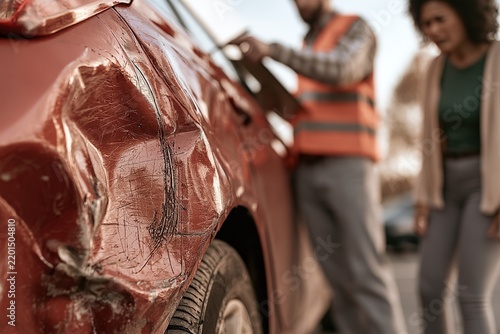 Close-up of a dented red car fender after a collision; a safety-vested inspector and another person are blurred in the background.