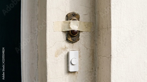 Legacy System Concept: Disused Brass Doorbell Taped Over Beside a New White Push