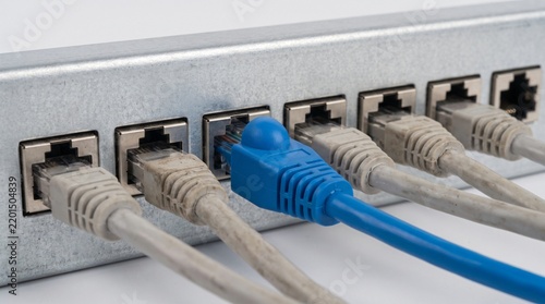Single Bright Blue Cable Among Grey Leads on a Patch Panel Showing One Change on the Network