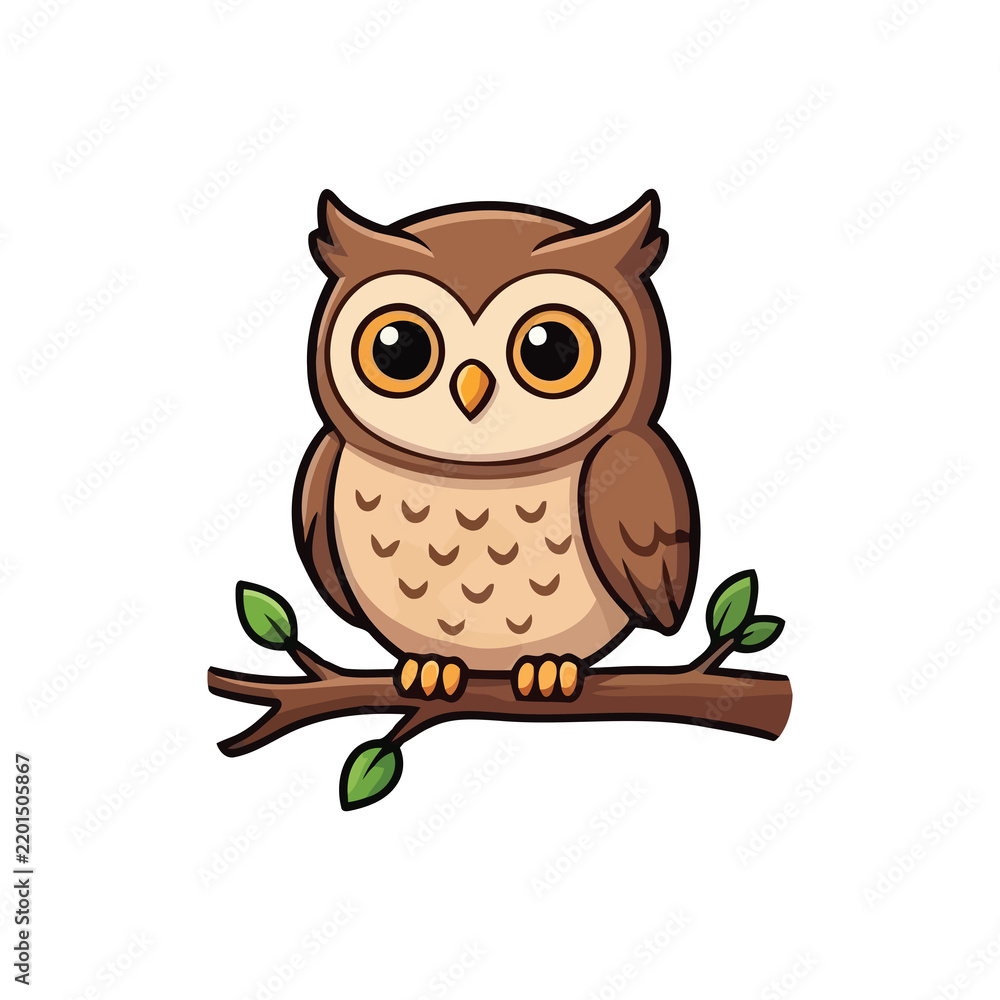 Fototapeta premium Cute cartoon owl perched on a tree branch isolated on white background