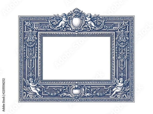 Ornate blue rectangular frame with cherubs and scrollwork
