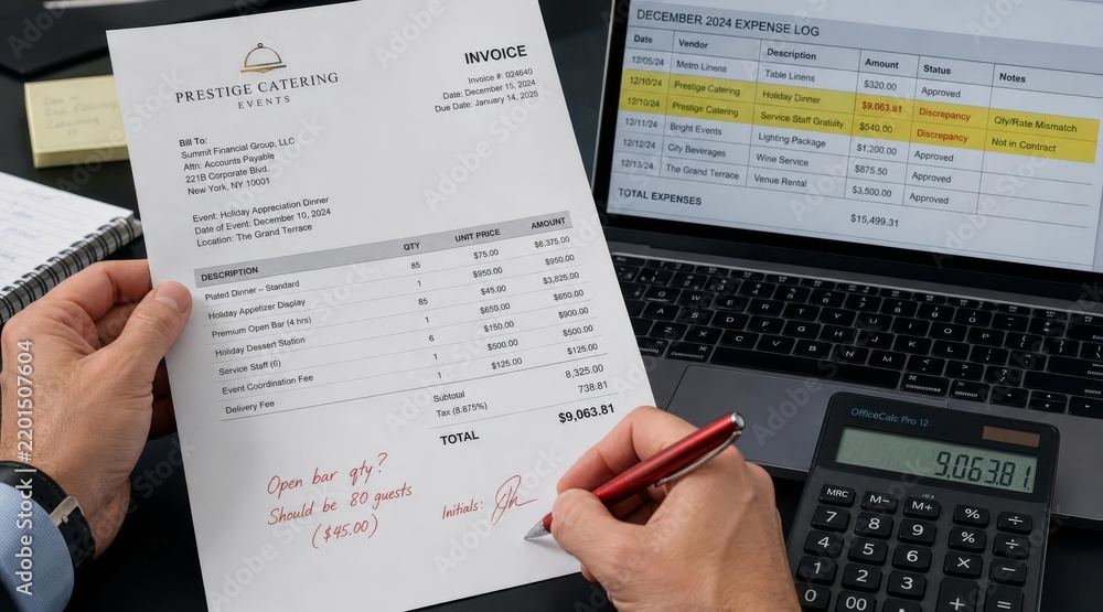 Obraz premium Finance professional reviewing corporate catering invoice