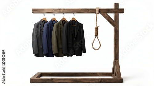 3D render of business suits hanging next to a gallows noose on a wooden rack. Visual metaphor for corporate stress, work slavery, executive burnout, and workplace pressure