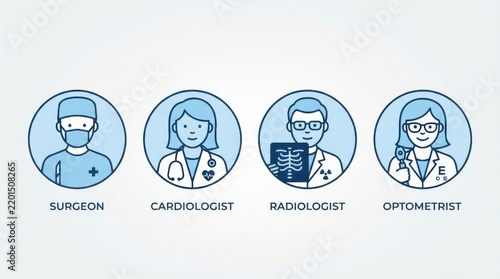set of medical professional character icons including surgeon cardiologist radiologist and optometri