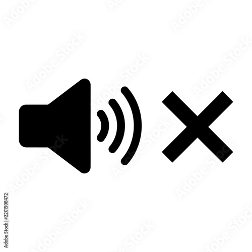 Muted speaker icon with a bold red prohibition cross over it indicating sound off or no audio allowed on a white background.