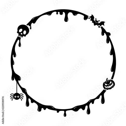 Halloween Dripping Gothic Frame Vector with Skull, Bat, Spider, Jack O Lantern and Black Slime Border, Spooky Circular Design for Halloween Party Poster and Background
