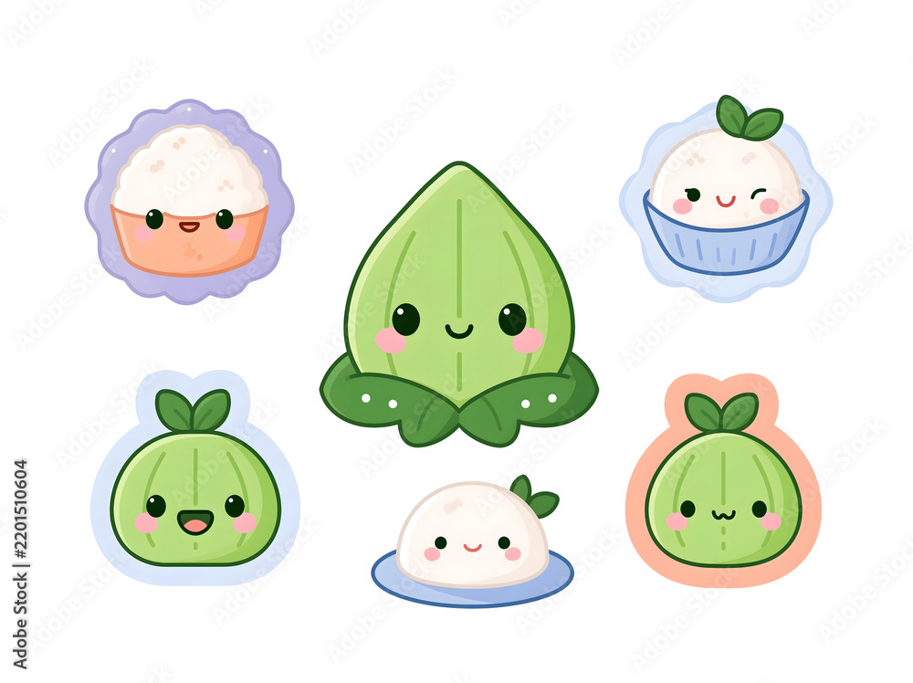 Fototapeta premium Cute kawaii plant characters set with smiling leaves and pastel colors