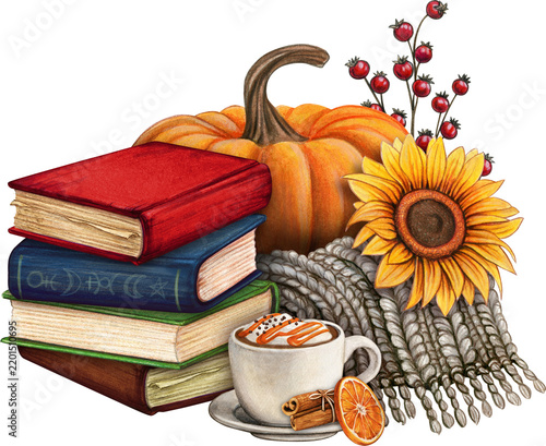 Watercolor autumn fall books with blanket and pumpkin