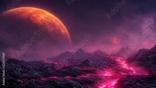 80s inspired planetary scenery with glowing lava river under dramatic red planet and surreal rocky landscape in vibrant neon atmosphere