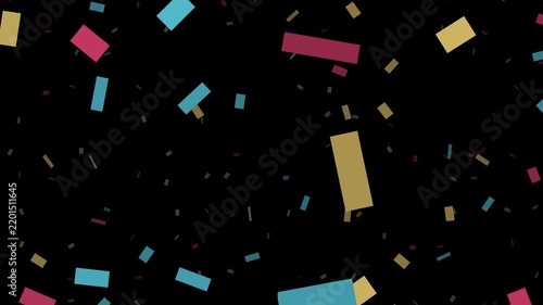 Vibrant colorful confetti paper rectangles falling on black background seamless loop animation