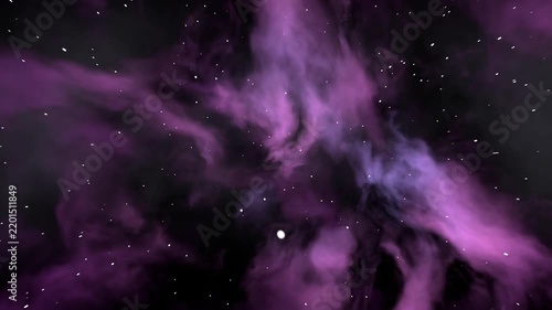 Moving camera revealing purple nebula shifting, stretching filament, revealing stars in space